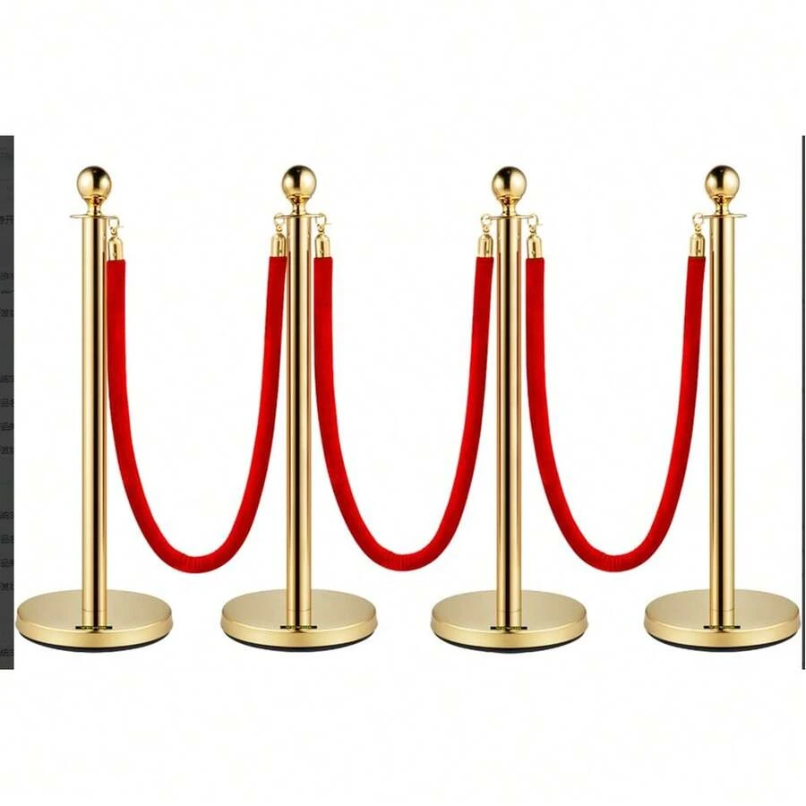 4-Piece Stanchion Post Set - 3 Ropes Crowd Control Barriers For Events Parties - Gold - View 1
