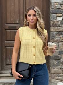 新款女式夏季休闲奶油黄色圆领无袖纽扣针织背心，工作/办公室 - 黃色 - 查看 2