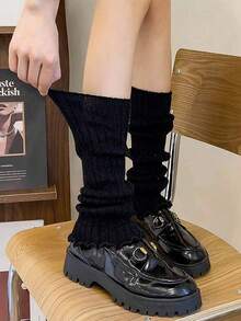 1 par negro/2 pares negro y blanco Calentadores de piernas cómodos y de moda para mujer con volantes, calentadores de piernas holgados para otoño e invierno - Negro - Ver 7