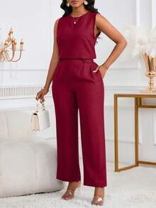 2 件套女士休闲优雅无袖上衣和裤子套装，带斜口袋和纽扣细节 - 深紅 - 查看 3