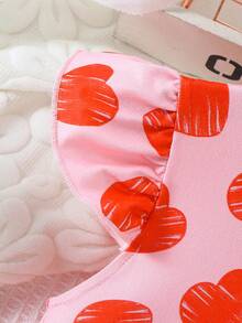 Young Girl's Casual School Style Cute Heart Print Round Neck Puff Sleeve A-Line Dress, Spring/Summer/Autumn - Pink - View 5