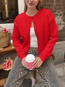Women Solid Color Front Button Long Sleeve Casual Knitted Cardigan,Long Sleeve Tops - Red - View 4