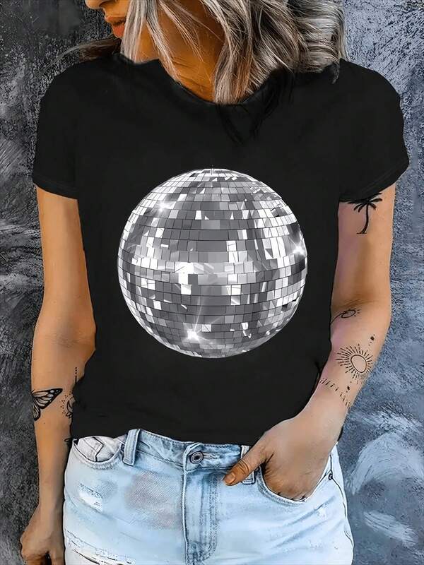 Dancing Disco Ball Printed T-Shirt For Ladies - The Latest Casual Round-Neck Short-Sleeved T-Shirt, Suitable For All Seasons, Disco Party Outfit; Vibrant Printed T-Shirt; Creative Gift