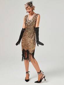 1920s Flapper Dresses For Women V Neck Beaded Fringed Sleeveless Roaring 20s Cocktail Gatsby Costume - Gold - View 3