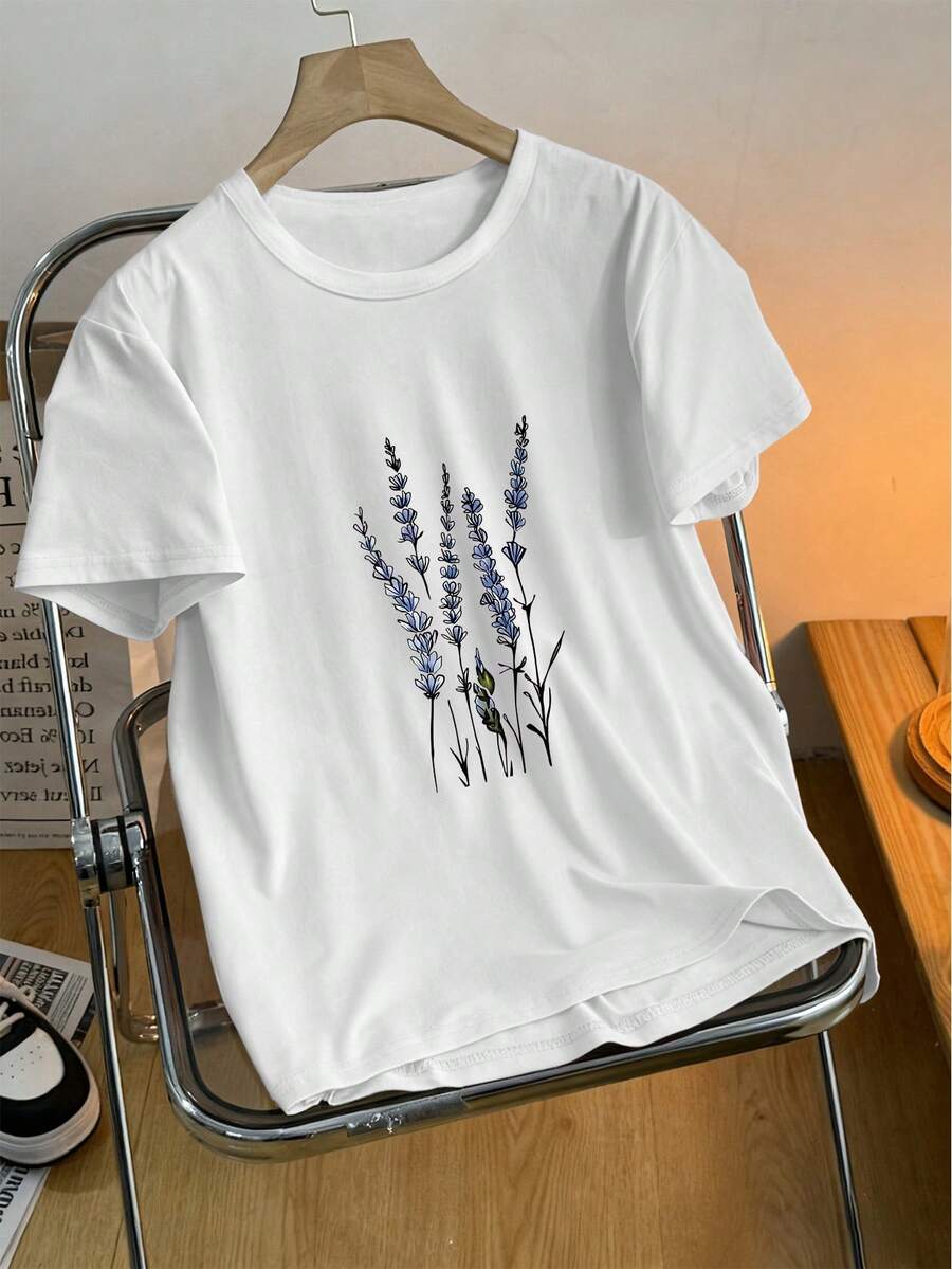 Plus Size Women's Summer Floral Print Round Neck Short Sleeve Casual Loose Versatile T-Shirt,Plus Size Summer Clothes Busty Lady T Shirt Summer Tops Going Out Tops For Women Tops For Women Tops For Summer T Shirts - White - View 1