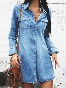 Women's Button Down Denim Dress - Long Sleeve Ruffle Cuff Dress With Chest Pocket, Casual Elegant Style - Medium Wash - View 1