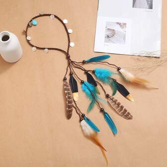 1 pieza Diadema vintage bohemia hecha a mano con plumas, borlas y trenzas, accesorio para el cabello de mujer para la playa, fiestas y bodas