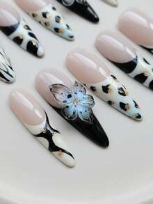 Y2K美甲10片装长杏仁形手工按压式美甲贴片 - 哥特式黑白渐变斑马纹美甲贴片和豹纹美甲贴片，饰有3D立体水滴形花朵浮雕，法式美甲贴片，可拆卸可重复使用（含果冻胶和指甲锉），圣诞主题美甲，日常佩戴和派对的完美之选 - 彩色 - 查看 4