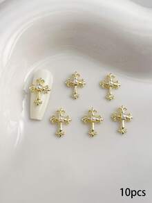 10 piezas de adornos de uñas de cruz 3D de perlas falsas en dorado y plateado, suministros de uñas de estilo retro punk Y2K con metales brillantes, gemas de rhinestones para decoración de uñas, adecuados para accesorios DIY multifuncionales - Multicolor - Ver 6