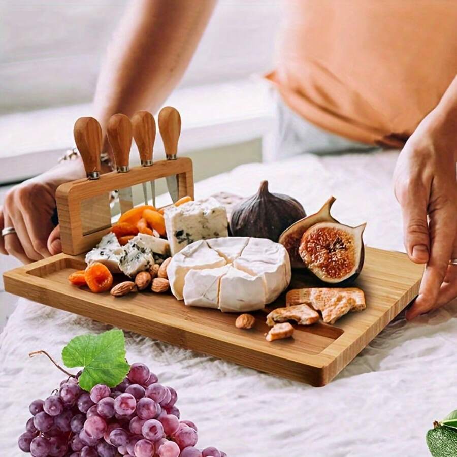 1Set Bamboo Cheese Board Set With Cutting Board And Cheese Knives, Square, Natural Wood Grain, For Thanksgiving Family Day, Spring Festival - Multicolor - View 1