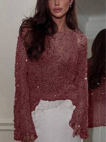 Yuwenier Sexy Hollow Out Sheer Sequin Embellished Crochet Cover-Up Batwing Long Sleeve Loose Fit Tops Rave Party - Burgundy - View 4