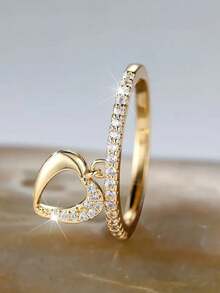 1pc Bohemian Style Gold & Silver Engagement Ring, Charming Cubic Zirconia Wedding Band Ring, Hollow Heart Pendant Necklace Suitable For Men & Women, Elegant Gift For Halloween, Christmas, Teacher's Day, Birthday - Multicolor - View 3