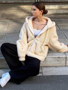 Livesso 女士米色纯色连帽抽绳落肩长袖羊羔绒宽松休闲百搭抓绒卫衣，秋季外套，冬季 - 米色 - 查看 3