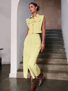 Sollinarry Women's Autumn New Sleeveless Top And Long Midi Skirt Casual 2 Pieces Set, Suitable For Vacation, Music Festival, Fashionable Commute Summer - Light Yellow - View 2