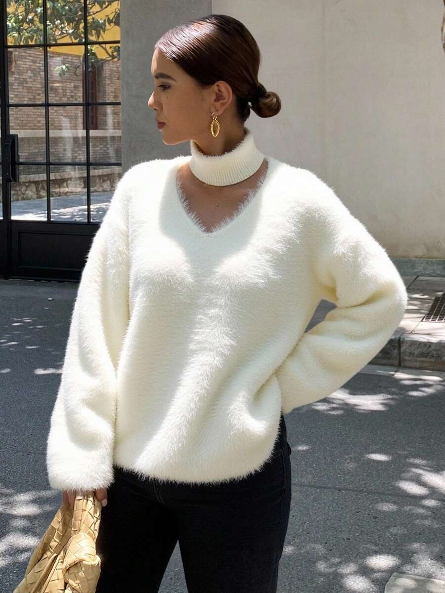 Livesso Suéter holgado con cuello de pico y diseño de cuello caído, para otoño/invierno - Beis - Ver 1