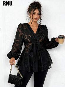RNU Camicetta elegante e casual da donna, versatile per il pendolarismo, per appuntamenti, di alta moda, con dettagli in tessuto solido strutturato e chiffon trasparente, design con fiocco anteriore e polsini con volant, adatta per uscite, lavoro, occasioni versatili come Natale, Capodanno, rientro a scuola, feste e altro ancora. - nero - Visualizzare 2