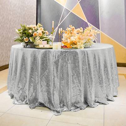 69-Inch Round Silver Sequin Tablecloth, Shiny Tablecloth, Glittering Hanging Tablecloth Decor For Engagement, Wedding, Party, Baby Shower, Bridal Shower, Gift