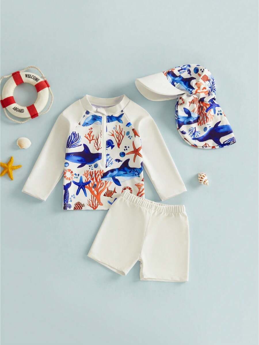 2Pcs Toddler Girls Boys Swimsuit Set Dolphin Print Stand Collar Long Sleeve Tops Shorts And Hat Rash Guard Swimwear