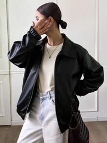Livesso Chaqueta de piel de imitación con bolsillos en ángulo, ropa de mujer de otoño - Negro - Ver 1