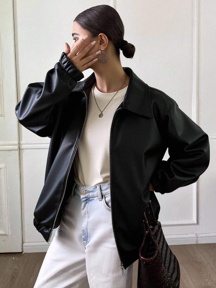 Livesso Chaqueta de piel de imitación con bolsillos en ángulo, ropa de mujer de otoño - Negro - Ver 1