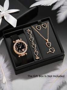 6/5pcs Women's Exquisite And Fashionable Fireworks Heart-Shaped Dial Quartz Watch, Suitable For Women To Wear, Paired With Elegant Jewelry Necklaces, Bracelets, Rings, And Earring Sets, Very Suitable For Women's Daily Life Such As Gatherings, Returning To School, And Traveling. Birthday Gifts, Graduation Season, Christmas, Valentine's Day, Are The Perfect Gifts For Women