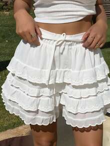 Livesso Women Lace Patchwork Short Elegant Shorts, White, All Season,Skorts Fall - White - View 5
