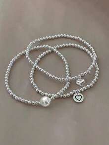 3 件套女士串珠手链套装，复古时尚，优雅创意配饰 - 銀色 - 查看 6