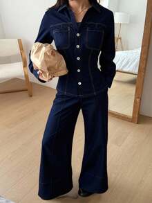 DAZY Autumn/Winter New Loose Casual Urban Style Women Denim 2 Pieces Set - Blue - View 4