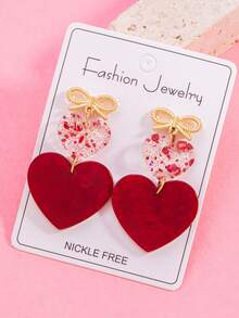 1 Pair Elegant Bow, Red Sequin, Heart Shaped Tassel Earrings, Valentine's Day Gift For Girlfriend, Date Night Jewelry (No Card) - Multicolor - View 2