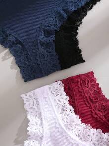 4 件装女士蕾丝边舒适罗纹三角裤，纯色，低腰