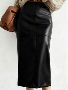 Women's PU Leather Skirt, Fashionable Commuter Zipper Slit French Elegant Fitted Maxi Skirt - Black - View 4