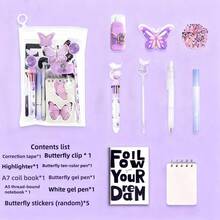 9pcs Butterfly Theme Party Stationery Gift Set - Pink, Purple And Blue Butterfly Stickers, Plush Pencils, Notebooks, Ruler And Erasers Party Favors, Classroom Rewards, Stationery (Multi-Color Options) - Multicolor - View 13
