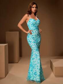 Vestido elegante y sexy para damas con lentejuelas, cuentas bordadas, vestido largo sin espalda adecuado para fiestas de moda, bodas y cenas - Azul - Ver 7