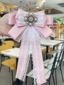 1件花卉印花优雅涤纶领带，复古蕾丝蝴蝶结发夹配精致水晶珍珠顶夹，仙气飘飘的雪纺丝带发饰 - 粉色 - 查看 2