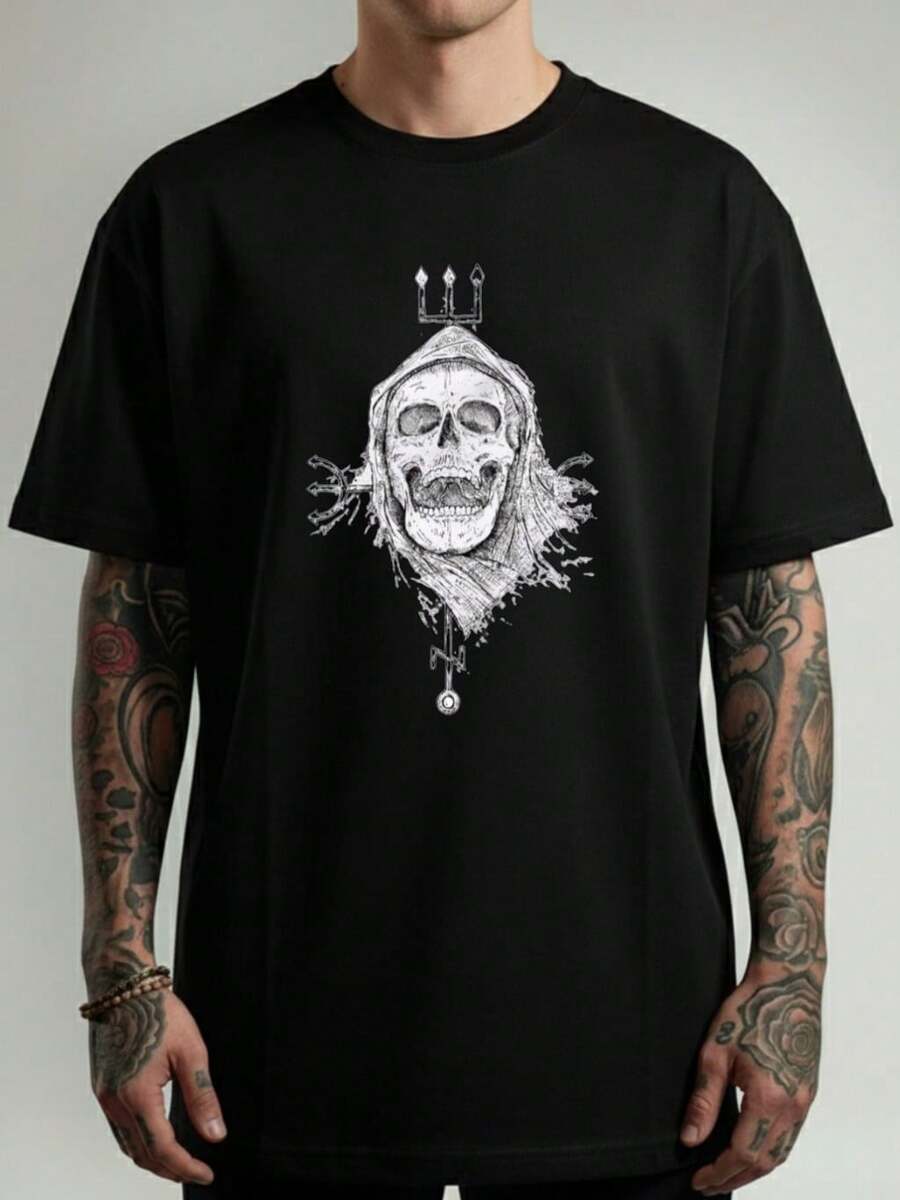 Unisex Streetwear Style T-Shirt With Skull, Crayon, Cloak And Trident Print - Stylish Men's And Women's Shirt - 100% Cotton - Free Shipping On - 黑色 - 查看 1