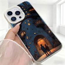 Cubierta de telefono con diseño de castillo mágico azul oscuro con pareja frente a puerta iluminada para uso diario en cafeterías y salas de estar - Negro - Ver 5