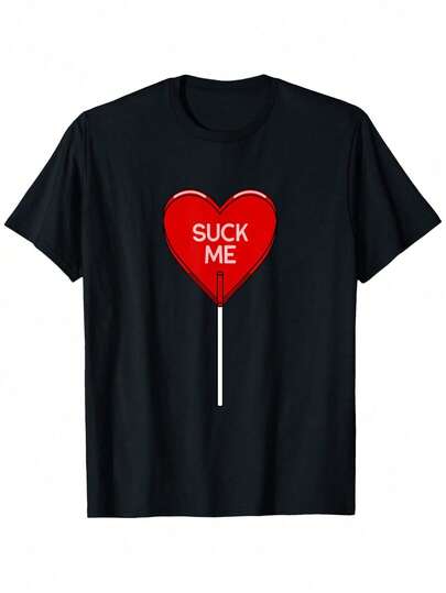 Men & Women Funny Valentine's Day T-Shirt – Brave 'Suck Me' Heart-Lollipop Graphic Shirt – Black Top With Red Heart Lips Design – Loose Fit Short Sleeve Top For Couples Matching Outfits – Sizes S-2XL – Valentine's Party Clothing – Machine Washable – 100% Cotton Crew Neck Shirt – Light Stretchability – Long-Lasting Print – Spring Summer Autumn Comfort – Humorous Valentine's Day Outfit