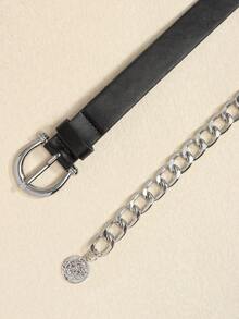 新款秋季金属链条与PU材质组合女士腰带，百搭装饰，可搭配西装、衬衫 - 黑銀色 - 查看 3