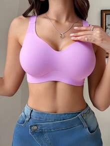 3件装休闲舒适简约露背文胸，高弹针织面料透气成熟优雅法式风格女士打底衫，无钢圈宽松百搭防下垂文胸 - 彩色 - 查看 4