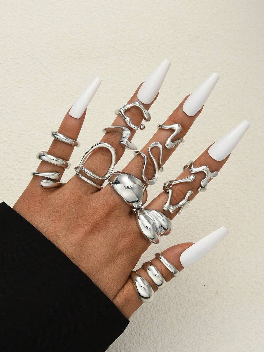 15pcs Vintage Elegant Asymmetrical Twisted Design Chunky Ring Set, Suitable For Women's Daily, Vacation, Party, Wedding Wear, Stackable, Accessory For All Year Round - Silver - View 1