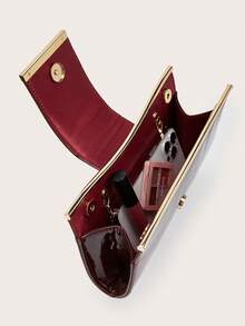 绗缝翻盖PU纯色信封包，时尚亮色派对手拿包，激光亮色链条单肩包，光泽晚宴迷你方包，适合女士约会、派对、宴会等场合 - 酒紅色 - 查看 7