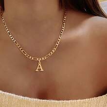1件装时尚简约字母吊坠金色不锈钢费加罗链项链，女士款 - 金黃色 - 查看 1
