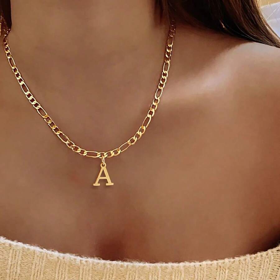 1件装时尚简约字母吊坠金色不锈钢费加罗链项链，女士款 - 金黃色 - 查看 1