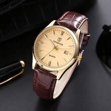 1pc Couple's Quartz Watch, Black & White/Brown & Gold Leather Strap Calendar Wristwatch, Unisex Business Casual