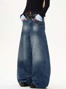 1 chiếc quần jeans ống rộng dáng suông Hearty Haven, phong cách thường ngày, đa năng, thích hợp mặc đường phố. - Màu xanh nhạt - Xem 4