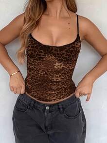 Onicee 女士夏季性感豹纹透视吊带背心，适合情人节、约会、聚会、派对、旅行、度假、海滩等场合。 - 棕色 - 查看 4