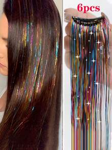 6pcs Colorful Glitter Hair Extensions, 24 Inch Shiny Hair Strands, Suitable For Women, Vibrant Hair Tinsel, Perfect Christmas Gift, Fits All Ages, Holiday Hair Accessories, Lively Hair Decor, Heat Resistant Hair Accessories, Women's Hair Accessories, Hair Strands, Girls/Women Hair Extensions, Braiding - Multicolor - View 7