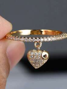 1pc Gold Heart Ring, Gold-Plated Heart Pendant Ring, Anniversary Memorial Gift Suitable For Men And Women, Elegant Everyday Wear, Wonderful Gift For Halloween, Christmas, Teacher's Day, Holidays, Birthday - Multicolor - View 4
