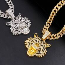 1PC Fashion Pop Punk Rock Full Rhinestone Tiger Head Pendant Hip Hop Style Necklace Ornament Men's - 金老虎頭吊墜項鍊 - 查看 1