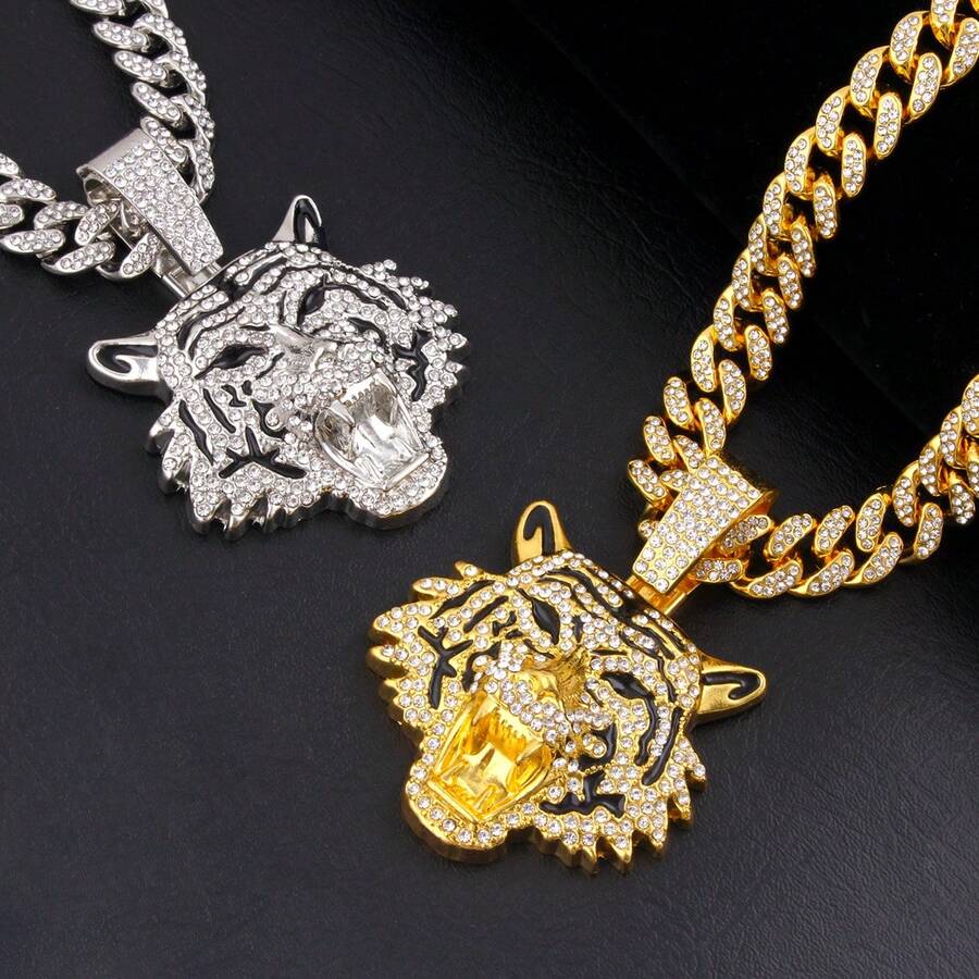 1PC Fashion Pop Punk Rock Full Rhinestone Tiger Head Pendant Hip Hop Style Necklace Ornament Men's - 金老虎頭吊墜項鍊 - 查看 1